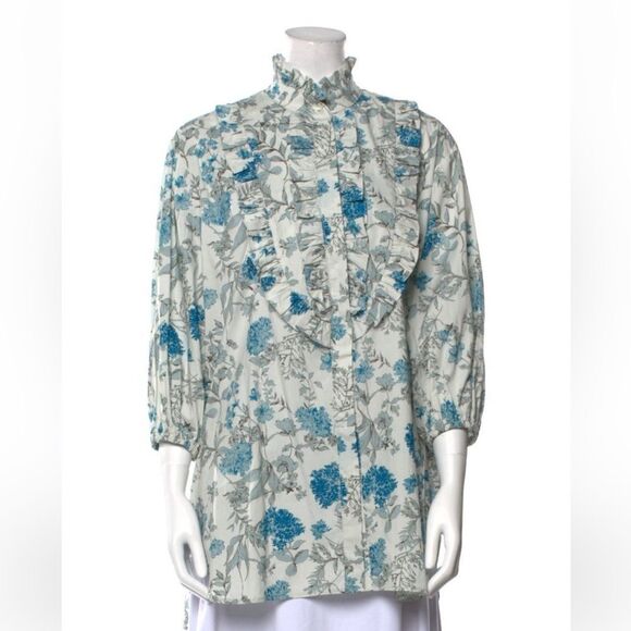 SECULAR LAB Liberty Print Floral Print White Blue Button Mock Neck Tunic Sz XS - Picture 13 of 14